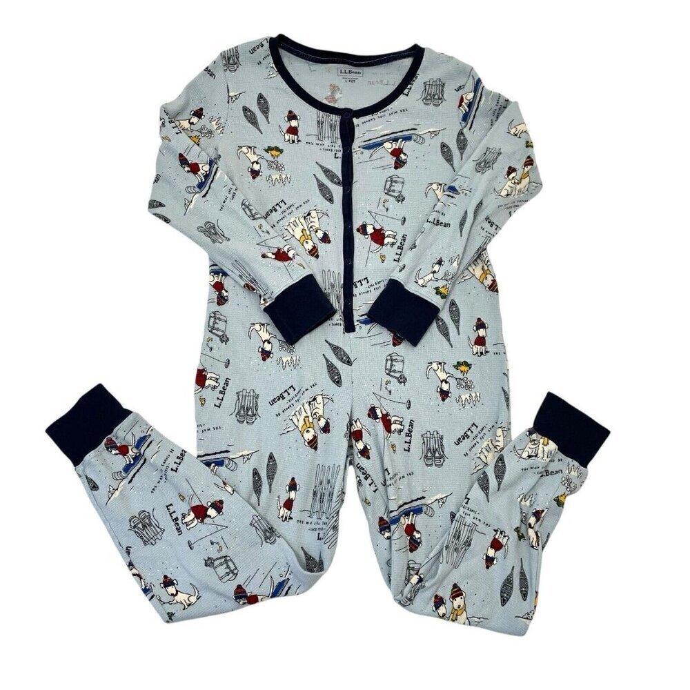 LL Bean Long John PJ Pajama Waffle 1-Piece Dog Bodysuit Sleigh size Large Petite